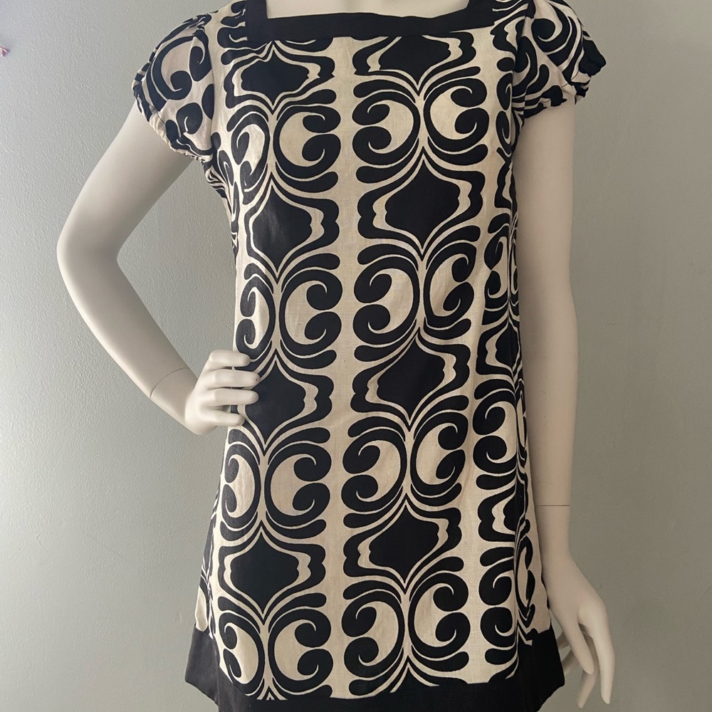 100% Linen Lily Stanhope Mini Dress Cap Sleeved Black & Cream Size S Cottagecore